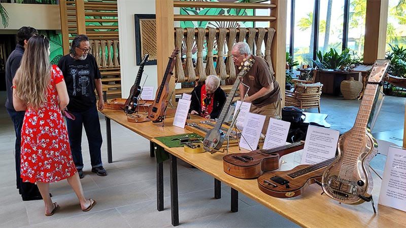 Chris with Megan Held, Joseph Zayac, Geri Valdriz, and Don Touchi at the 2022 Hawai&lsquo;i Island Steel Guitar Experience